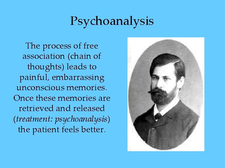 Psychoanalysis The process of free association (chain of thoughts) leads to painful, embarrassing unconscious Psychoanalysis The process of free association (chain of thoughts) leads to painful, embarrassing unconscious