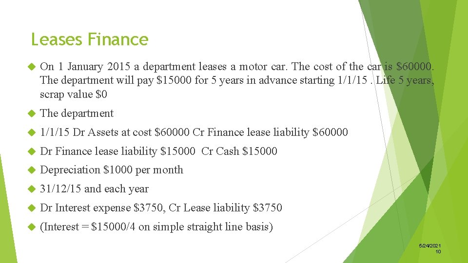 Leases Finance On 1 January 2015 a department leases a motor car. The cost