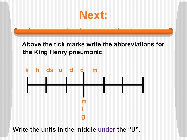 Next: Above the tick marks write the abbreviations for the King Henry pneumonic: k