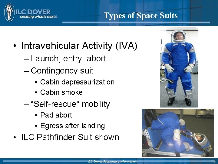 Types of Space Suits • Intravehicular Activity (IVA) – Launch, entry, abort – Contingency