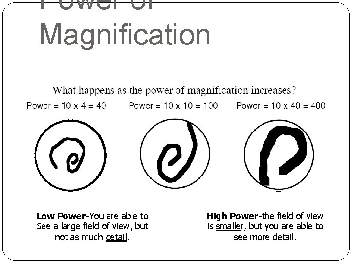 Power of Magnification Low Power-You are able to See a large field of view,