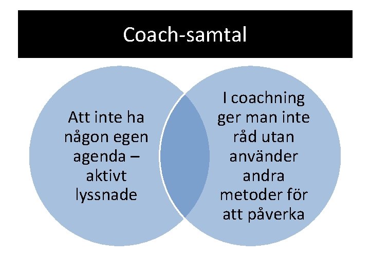 Coach-samtal Att inte ha någon egen agenda – aktivt lyssnade I coachning ger man