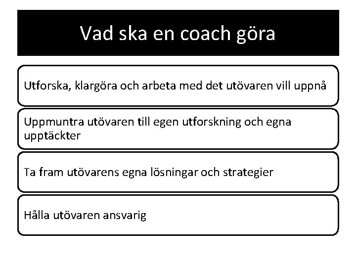 Vad ska en coach göra Utforska, klargöra och arbeta med det utövaren vill uppnå