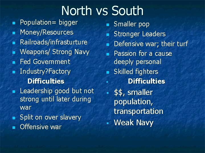 North vs South n n n n n Population= bigger Money/Resources Railroads/infrasturture Weapons/ Strong