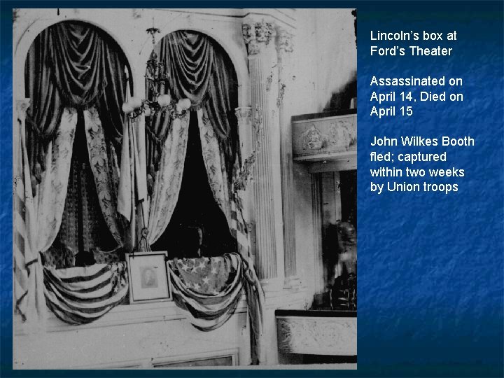 Lincoln’s box at Ford’s Theater Assassinated on April 14, Died on April 15 John