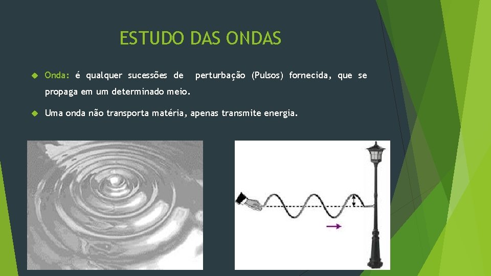 ESTUDO DAS ONDAS Onda: é qualquer sucessões de perturbação (Pulsos) fornecida, que se propaga ESTUDO DAS ONDAS Onda: é qualquer sucessões de perturbação (Pulsos) fornecida, que se propaga