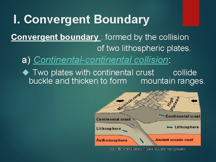 I. Convergent Boundary Convergent boundary : formed by the collision of two lithospheric plates.