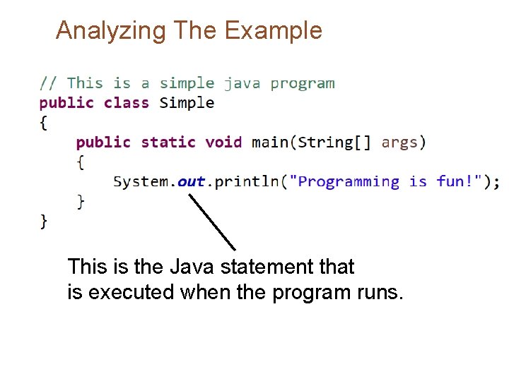 Analyzing The Example This is the Java statement that is executed when the program