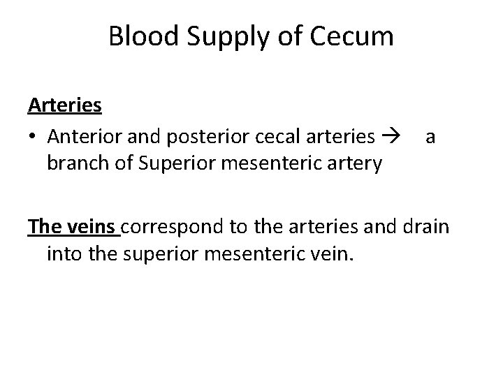 Blood Supply of Cecum Arteries • Anterior and posterior cecal arteries branch of Superior