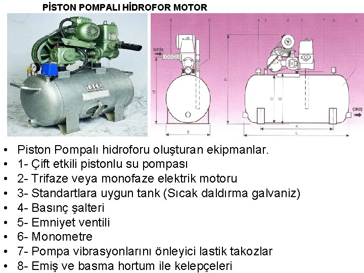 PİSTON POMPALI HİDROFOR MOTOR • • • Piston Pompalı hidroforu oluşturan ekipmanlar. 1 -