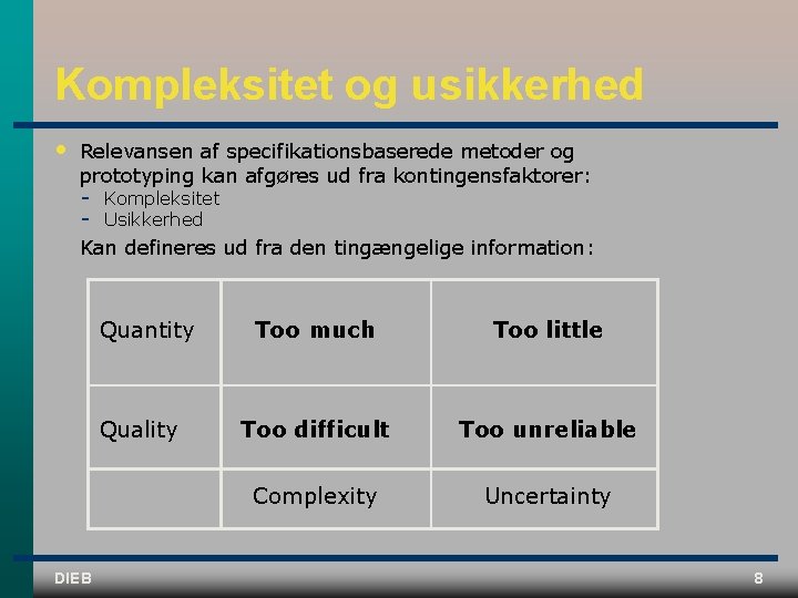 Kompleksitet og usikkerhed • Relevansen af specifikationsbaserede metoder og prototyping kan afgøres ud fra