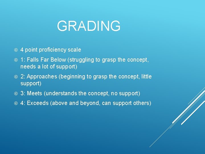GRADING 4 point proficiency scale 1: Falls Far Below (struggling to grasp the concept,