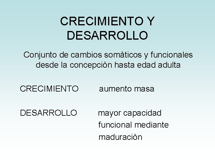 CRECIMIENTO Y DESARROLLO Conjunto de cambios somàticos y funcionales desde la concepciòn hasta edad CRECIMIENTO Y DESARROLLO Conjunto de cambios somàticos y funcionales desde la concepciòn hasta edad