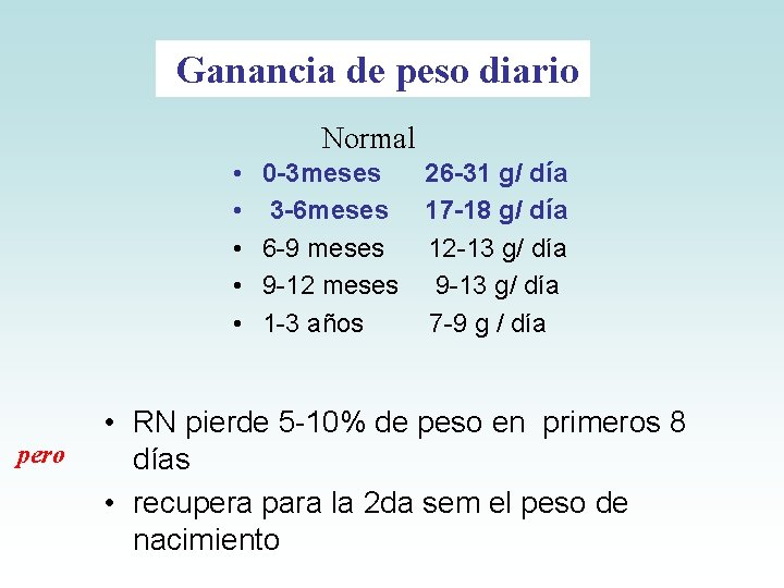Ganancia de peso diario Normal • • • pero 0 -3 meses 26 -31 Ganancia de peso diario Normal • • • pero 0 -3 meses 26 -31