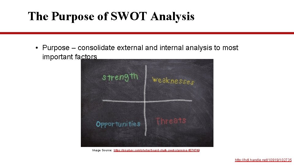 The Purpose of SWOT Analysis • Purpose – consolidate external and internal analysis to