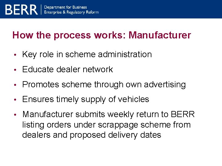 How the process works: Manufacturer • Key role in scheme administration • Educate dealer How the process works: Manufacturer • Key role in scheme administration • Educate dealer