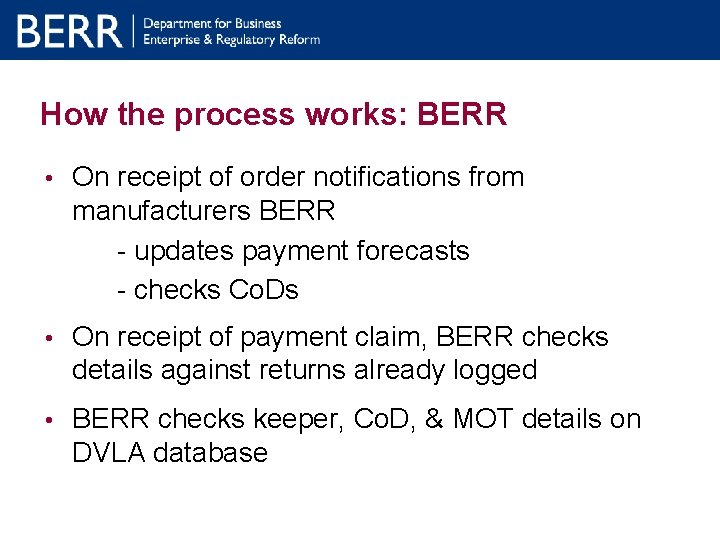 How the process works: BERR • On receipt of order notifications from manufacturers BERR How the process works: BERR • On receipt of order notifications from manufacturers BERR
