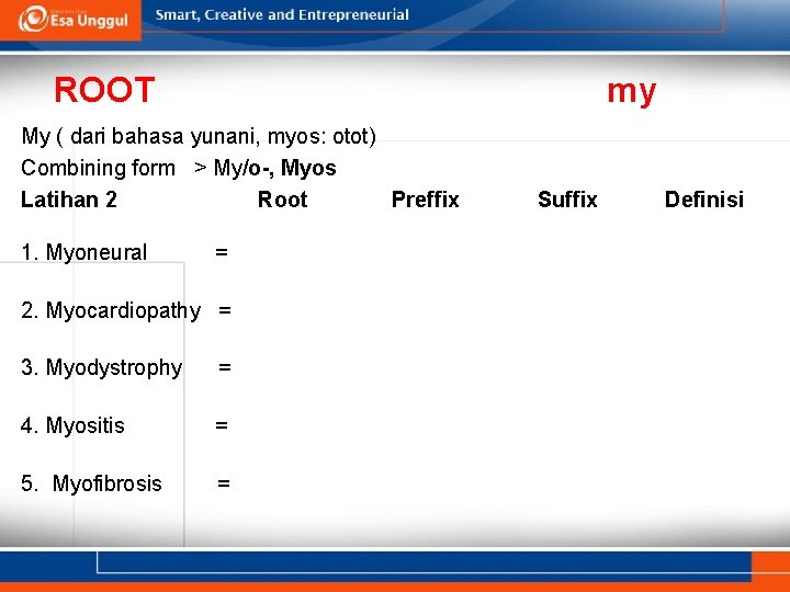 ROOT my My ( dari bahasa yunani, myos: otot) Combining form > My/o-, Myos