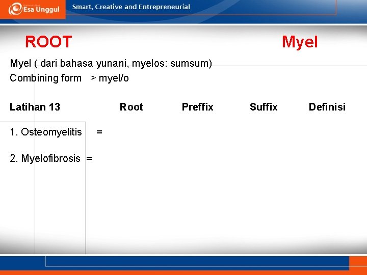 ROOT Myel ( dari bahasa yunani, myelos: sumsum) Combining form > myel/o Latihan 13