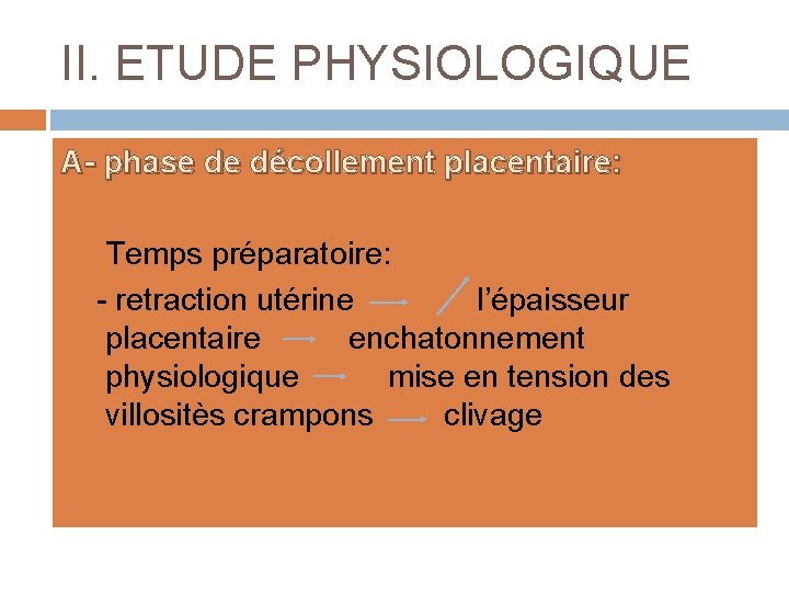 II. ETUDE PHYSIOLOGIQUE A- phase de décollement placentaire: a. Temps préparatoire: - retraction utérine