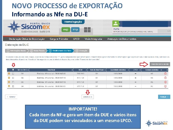 NOVO PROCESSO de EXPORTAÇÃO Informando as Nfe na DU-E IMPORTANTE! Cada item da NF-e