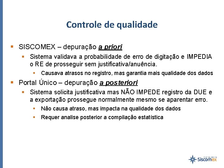 Controle de qualidade SISCOMEX – depuração a priori Sistema validava a probabilidade de erro