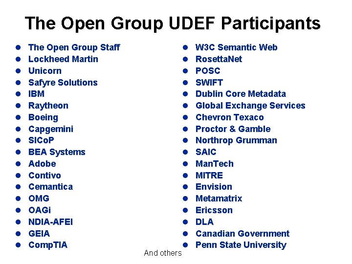 The Open Group UDEF Participants l l l l l The Open Group Staff