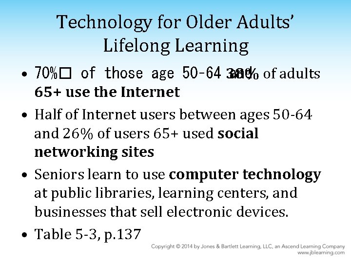 Technology for Older Adults’ Lifelong Learning • 70%� of those age 50– 64 38%