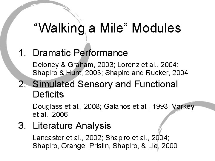 “Walking a Mile” Modules 1. Dramatic Performance Deloney & Graham, 2003; Lorenz et al.
