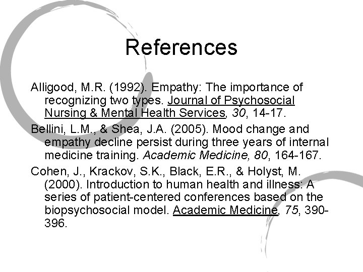 References Alligood, M. R. (1992). Empathy: The importance of recognizing two types. Journal of