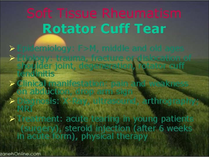 Soft Tissue Rheumatism Rotator Cuff Tear Ø Epidemiology: F>M, middle and old ages Ø