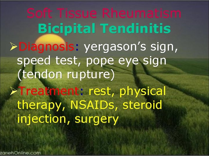 Soft Tissue Rheumatism Bicipital Tendinitis ØDiagnosis: yergason’s sign, speed test, pope eye sign (tendon