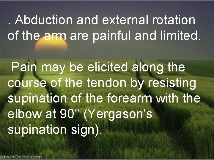 . Abduction and external rotation of the arm are painful and limited. Pain may