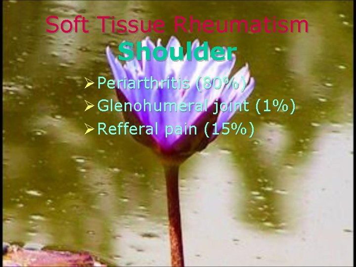 Soft Tissue Rheumatism Shoulder Ø Periarthritis (80%) Ø Glenohumeral joint (1%) Ø Refferal pain