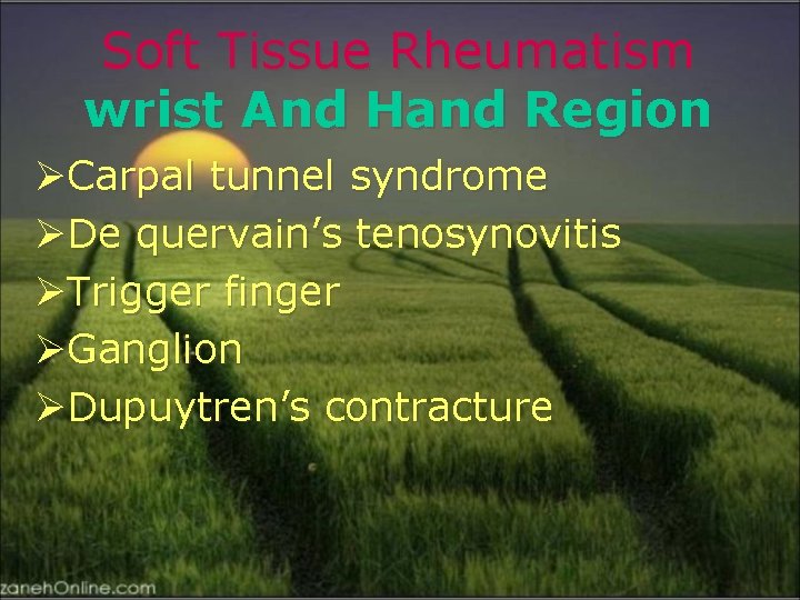 Soft Tissue Rheumatism wrist And Hand Region ØCarpal tunnel syndrome ØDe quervain’s tenosynovitis ØTrigger