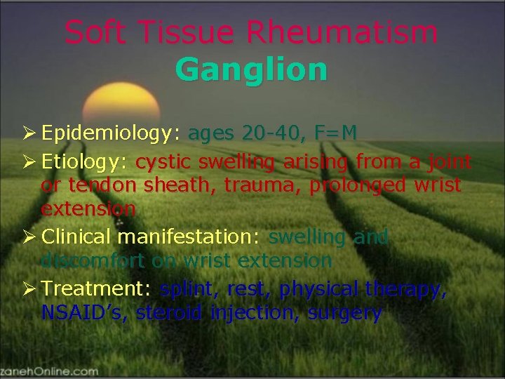 Soft Tissue Rheumatism Ganglion Ø Epidemiology: ages 20 -40, F=M Ø Etiology: cystic swelling