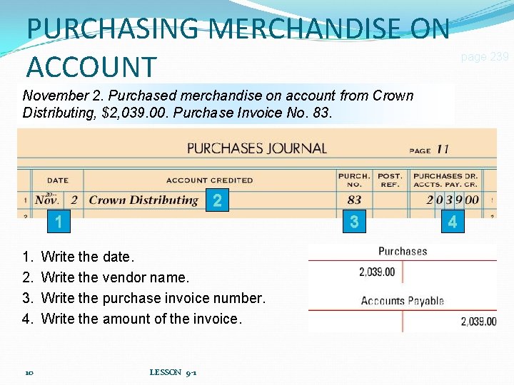 PURCHASING MERCHANDISE ON ACCOUNT November 2. Purchased merchandise on account from Crown Distributing, $2,