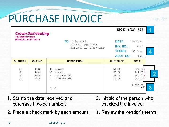 PURCHASE INVOICE page 238 1 4 2 3 1. Stamp the date received and