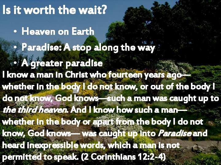 Is it worth the wait? • Heaven on Earth • Paradise: A stop along