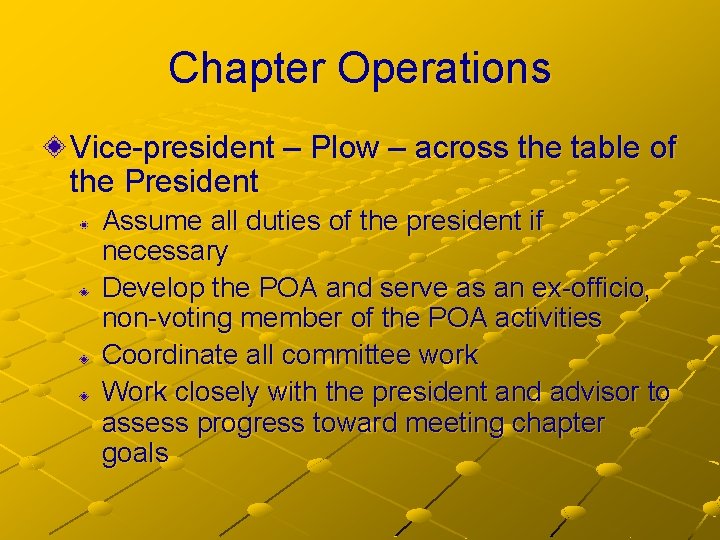 Chapter Operations Vice-president – Plow – across the table of the President Assume all