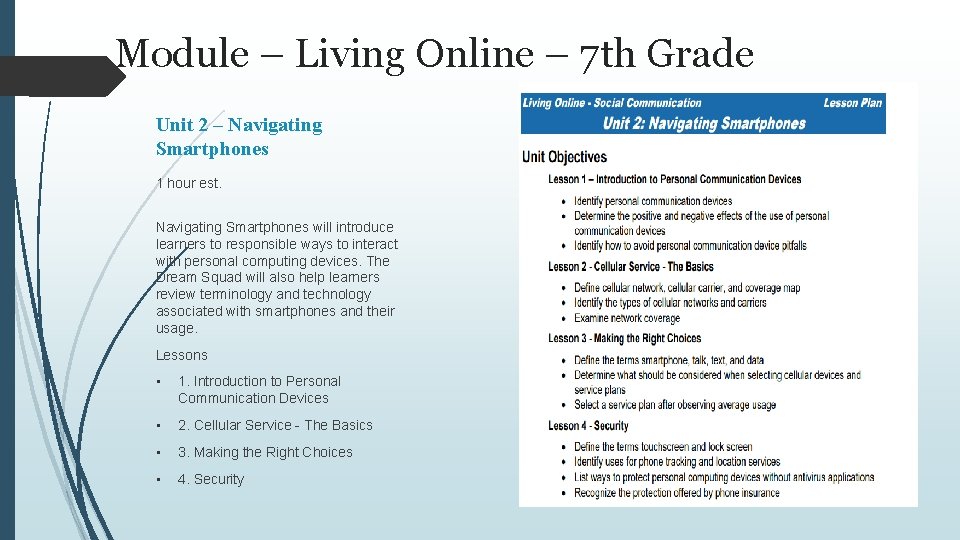 Module – Living Online – 7 th Grade Unit 2 – Navigating Smartphones 1