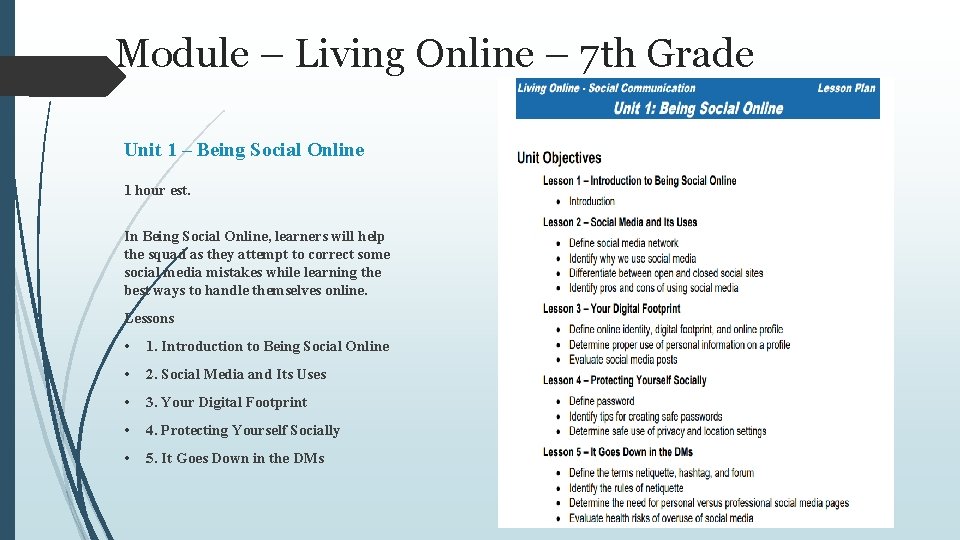 Module – Living Online – 7 th Grade Unit 1 – Being Social Online