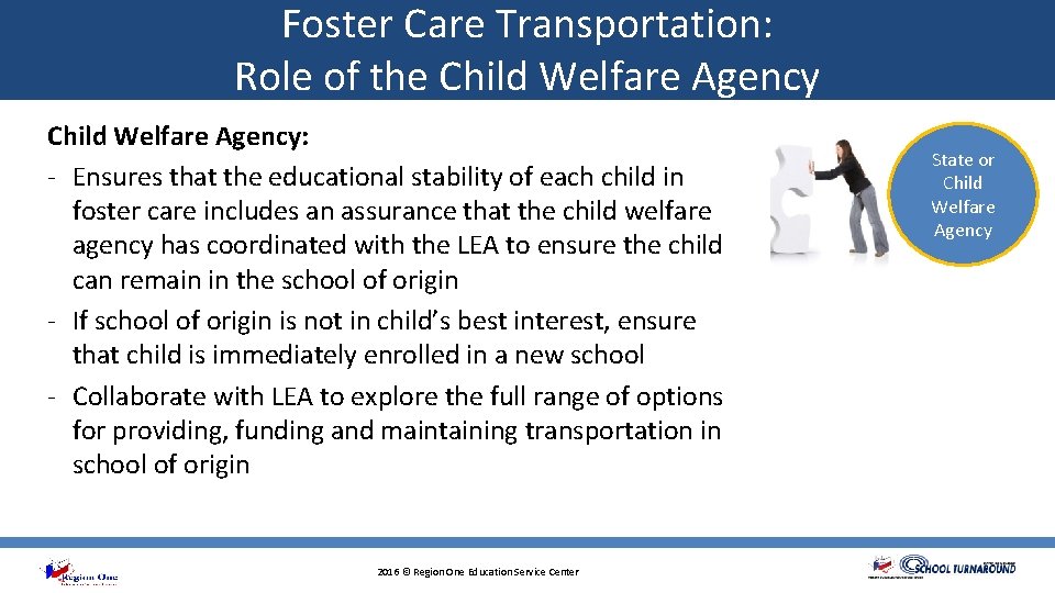 Foster Care Transportation: Role of the Child Welfare Agency: - Ensures that the educational