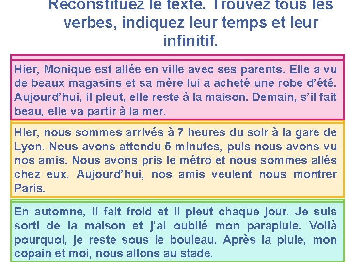 Reconstituez le texte. Trouvez tous les verbes, indiquez leur temps et leur infinitif. Øelle