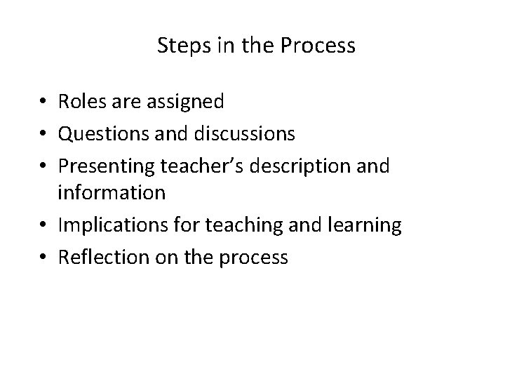 Steps in the Process • Roles are assigned • Questions and discussions • Presenting Steps in the Process • Roles are assigned • Questions and discussions • Presenting