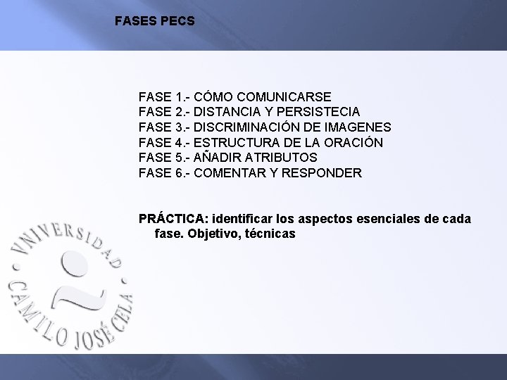 FASES PECS FASE 1. - CÓMO COMUNICARSE FASE 2. - DISTANCIA Y PERSISTECIA FASE
