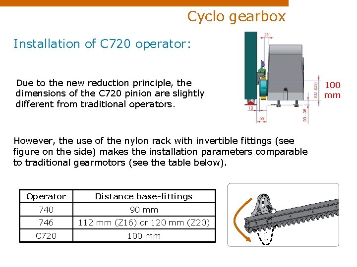 Cyclo gearbox Installation of C 720 operator: Due to the new reduction principle, the