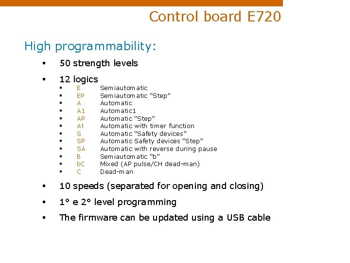 Control board E 720 High programmability: § 50 strength levels § 12 logics §