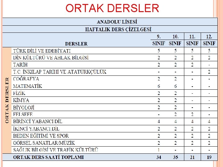 ORTAK DERSLER 