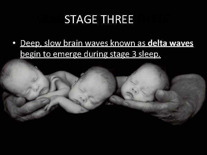 STAGE THREE • Deep, slow brain waves known as delta waves begin to emerge